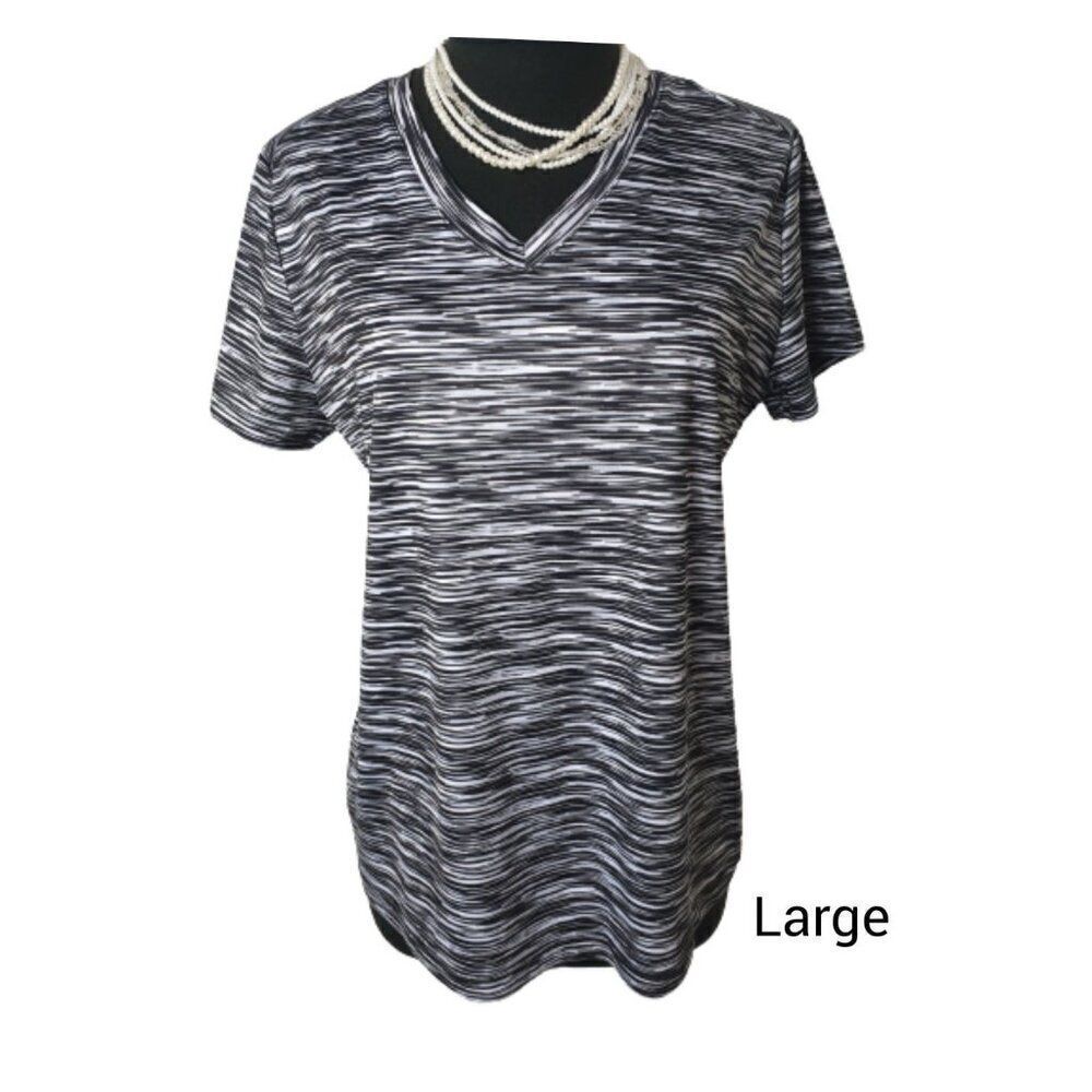 Women's V-Neck Short Sleeve Top Black White Athletic Stretch Shirt - Size L